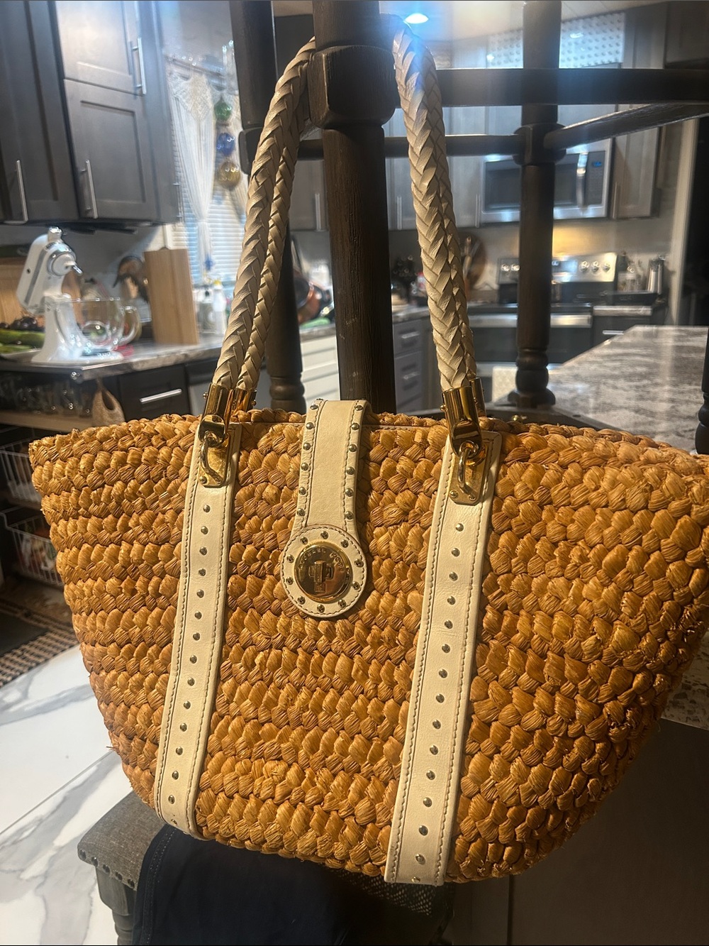 Woven Straw Tote Bag with White 100% leather Trim